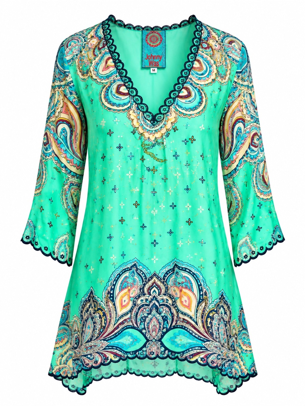 Johnny Was 100% Silk Mint Green Paisley Boho Tunic Top Scalloped V Neck Medium